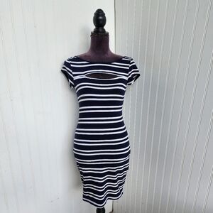 Guess Navy Blue Black Striped Stretch Womens Bodycon Dress Open Back Sz S